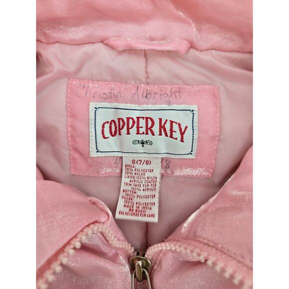 Vintage Y2K Copper Key Pink Shimmer Jacket with Faux Fur Hood - Picture 5 of 7